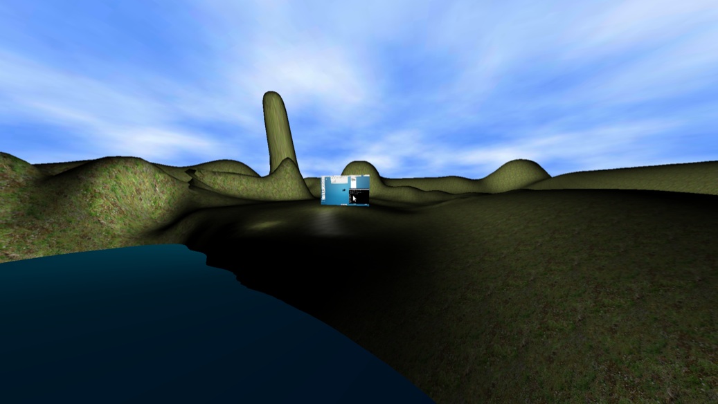 Ogre3D plugin for Ibex Virtual Reality desktop showing water, sky, landscape and desktop from a distance